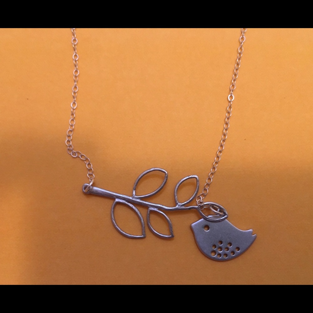 Bird and branch silver necklace